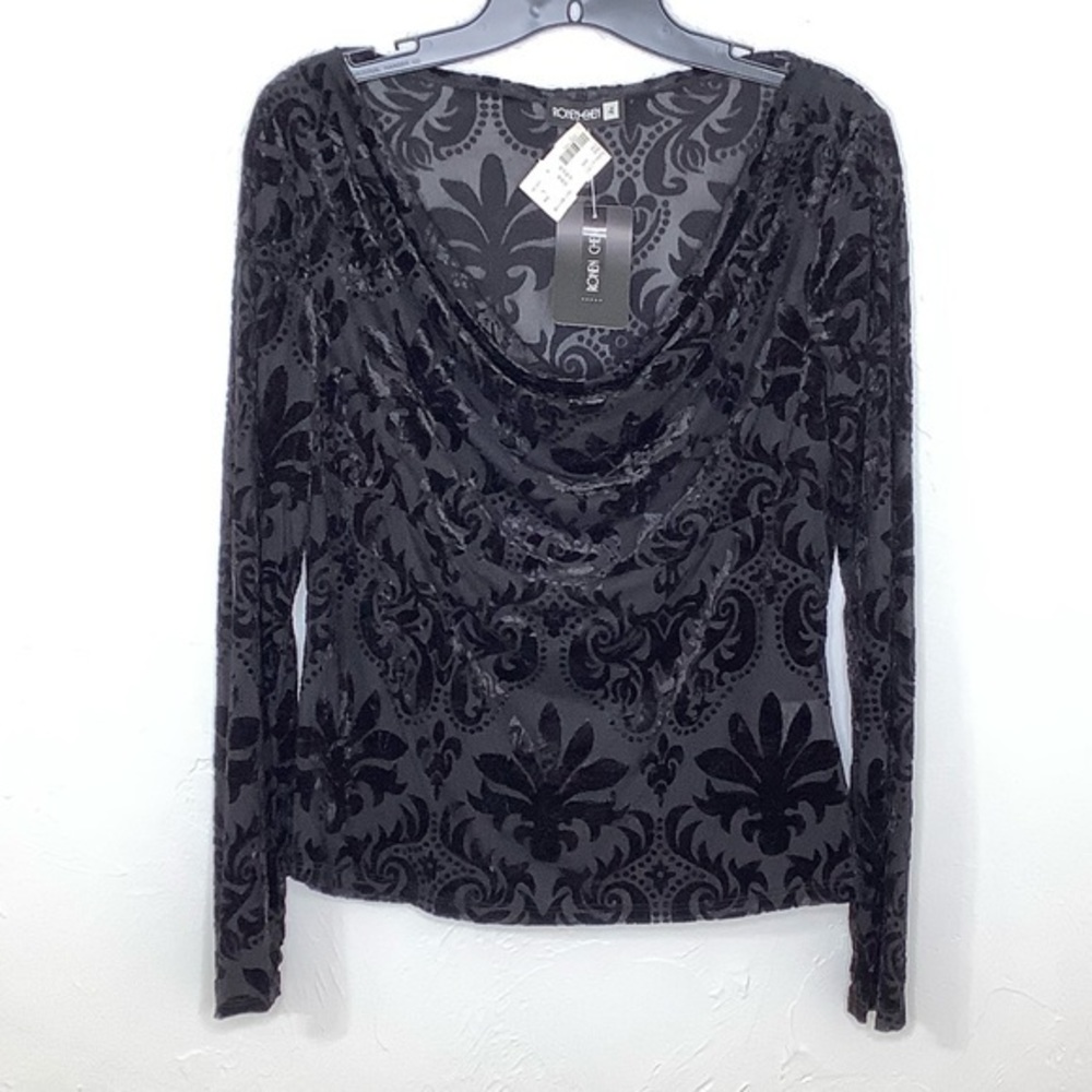 Ronen Chen shear black mesh / velvet long sleeves crowl neck blouse size 4 NWT